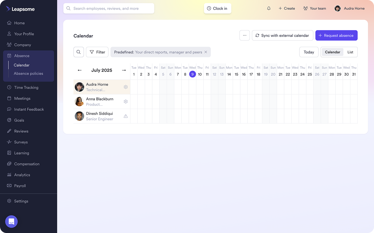 Leapsome’s absence calendar, displaying time-off schedules for three employees.