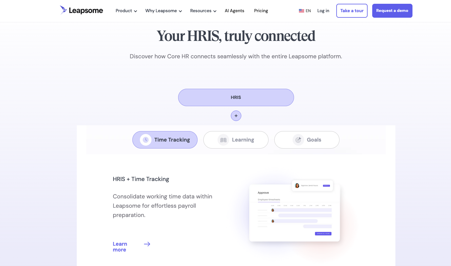 Leapsome’s HRIS product page, showing how Leapsome centralizes core HR tools and information.