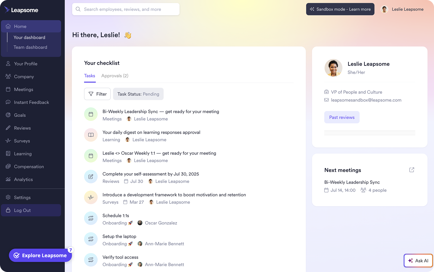 A screenshot of Leapsome’s HRIS feature page, showing tabs for Time Tracking, Learning, and Goals.