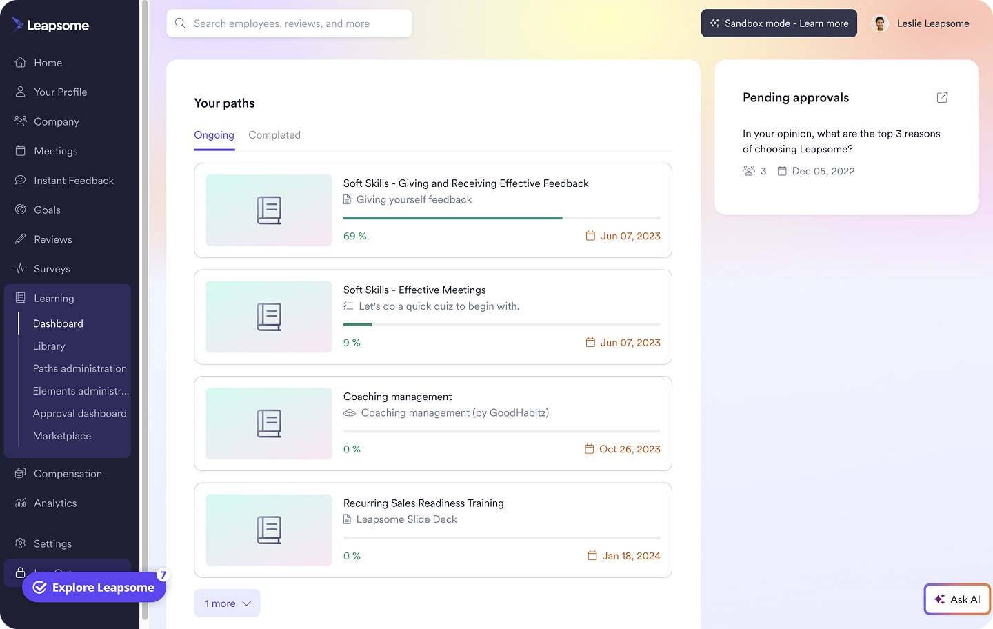 Leapsome’s onboarding dashboard, with defined employee development paths and progress reports.