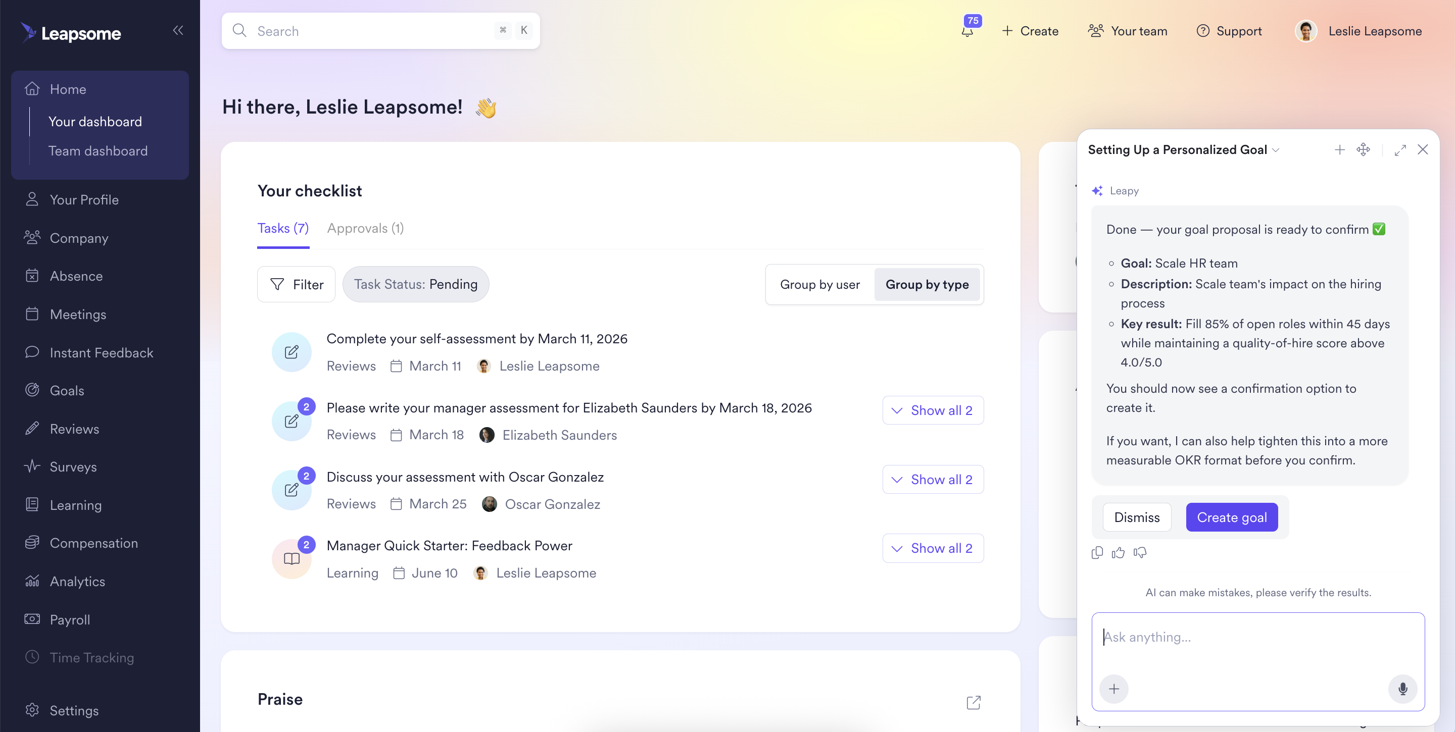 Leapsome dashboard showing a user's task checklist with pending reviews and a Leapy AI assistant panel proposing a personalized goal to scale the HR team.