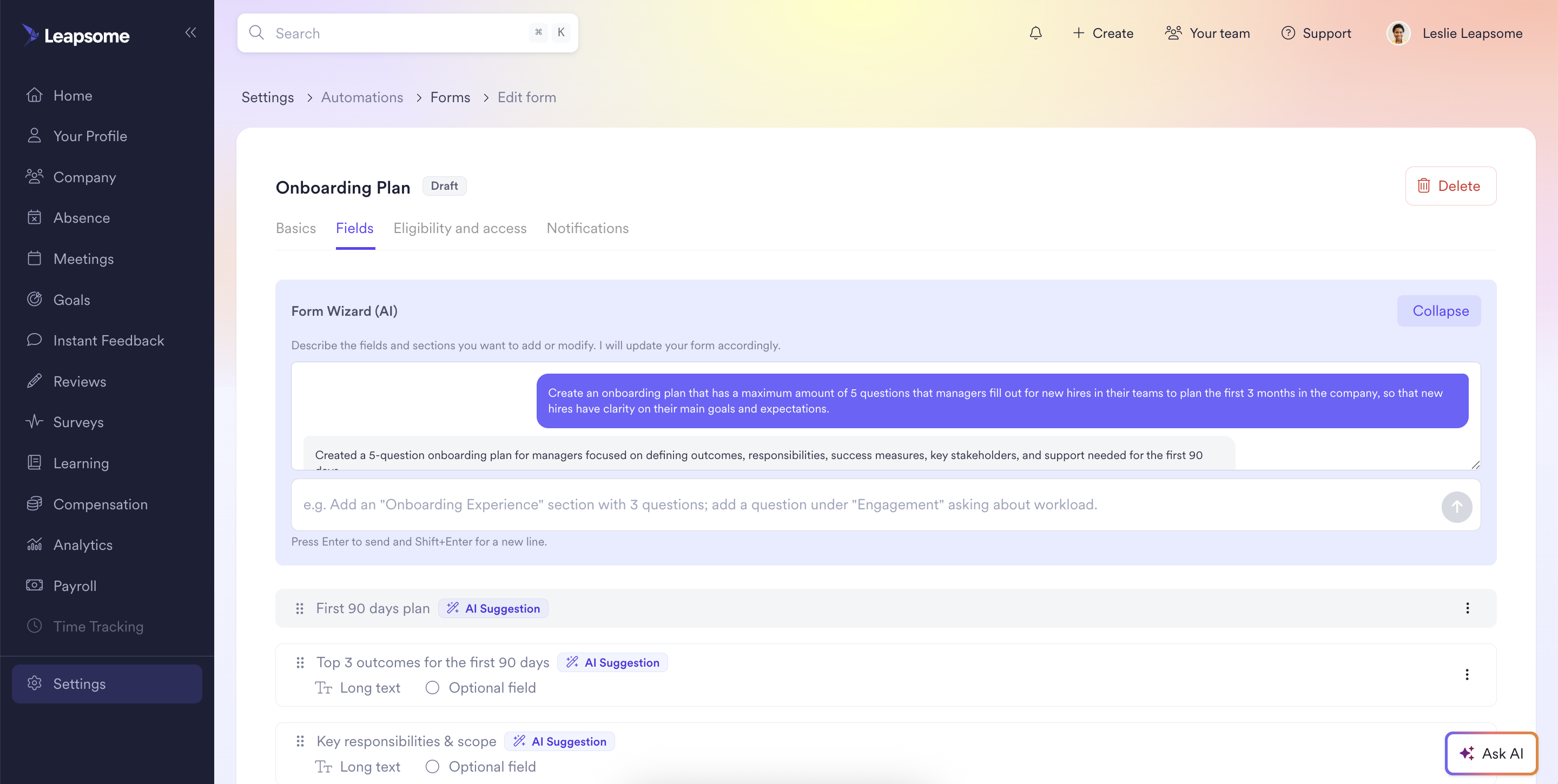 Leapsome's form editor showing an AI-powered Form Wizard generating a 5-question onboarding plan with fields like 'First 90 days plan' and 'Key responsibilities & scope' based on a manager's prompt.
