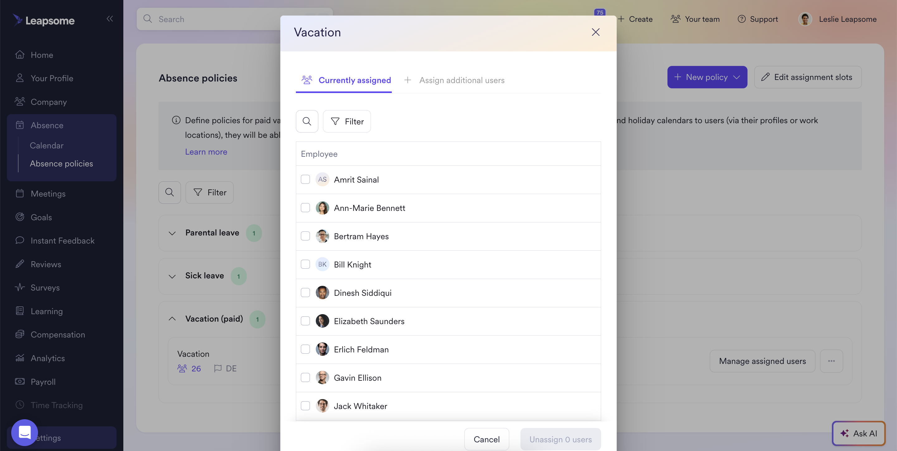 Leapsome's absence policies page with a modal showing the list of employees currently assigned to a vacation policy, with options to assign or unassign users.