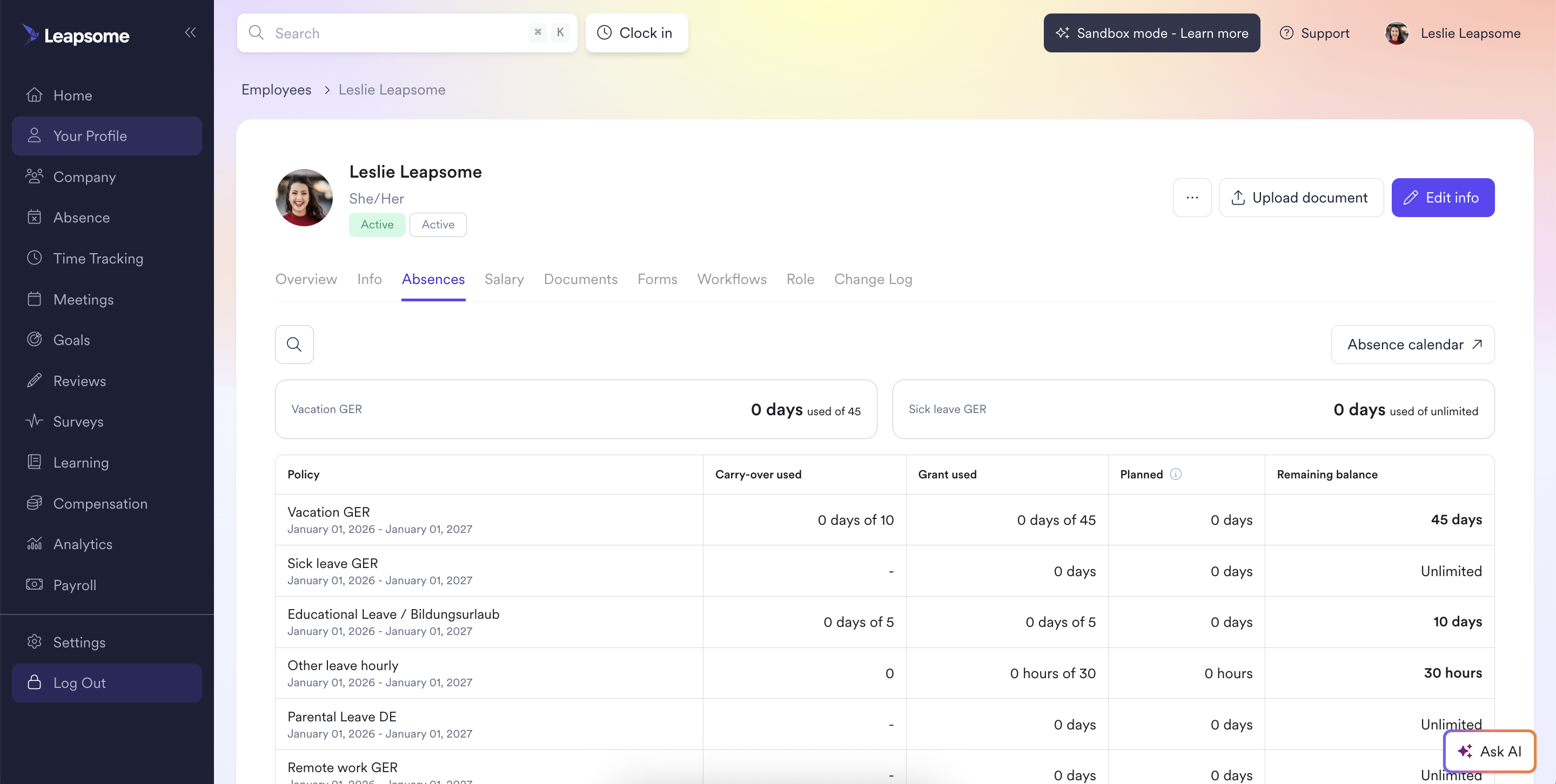 Leapsome's employee profile absences tab showing a breakdown of leave balances for policies including vacation, sick leave, educational leave, and parental leave with remaining days and carry-over details.