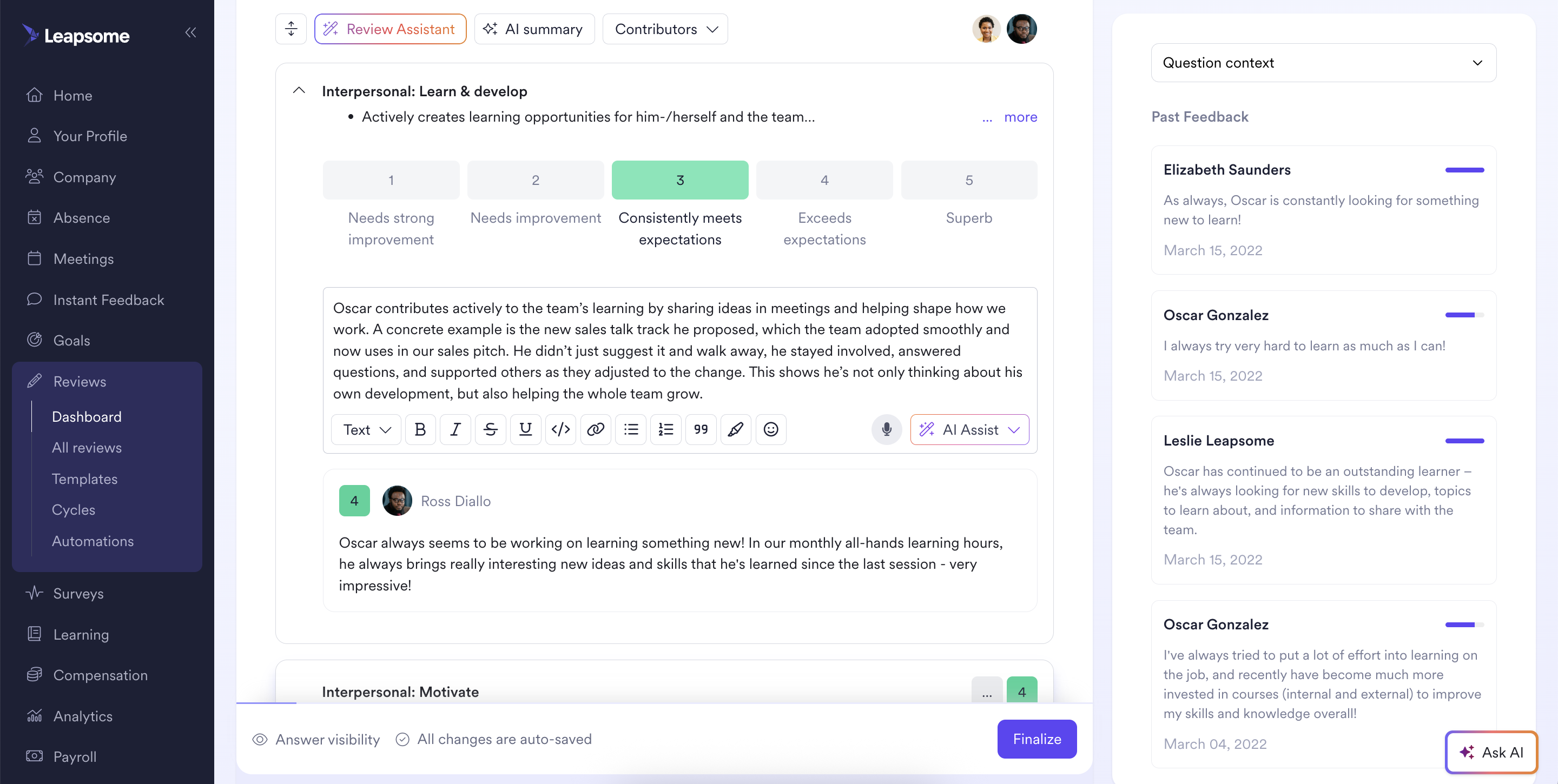 Leapsome's performance review interface showing a 'Learn & develop' competency rated 3 out of 5, with written feedback from multiple contributors and a side panel displaying past feedback history for context.