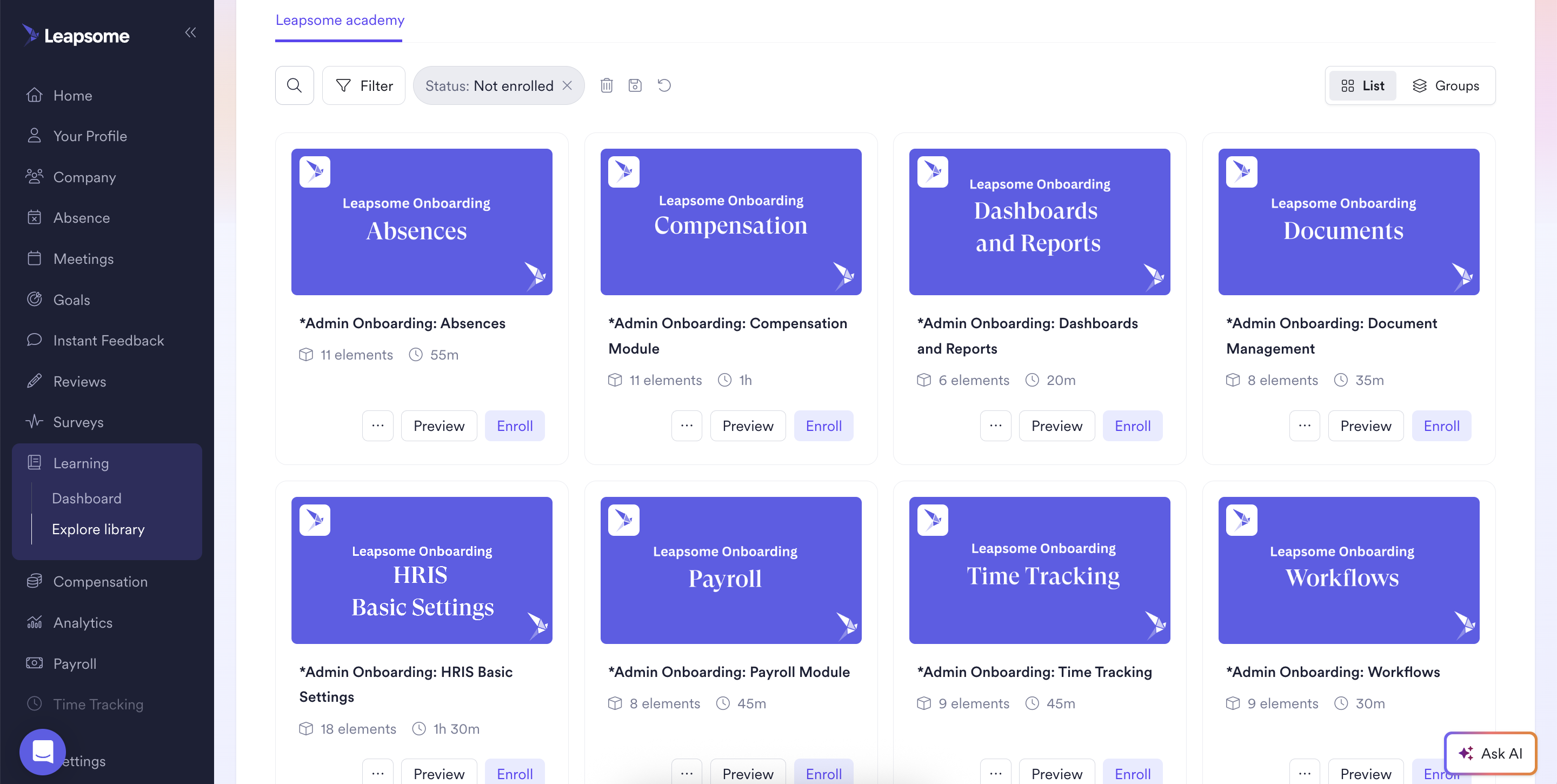 Leapsome's learning library showing a grid of admin onboarding courses covering modules like Absences, Compensation, Dashboards, Payroll, and Workflows, each with estimated completion times and enroll options.