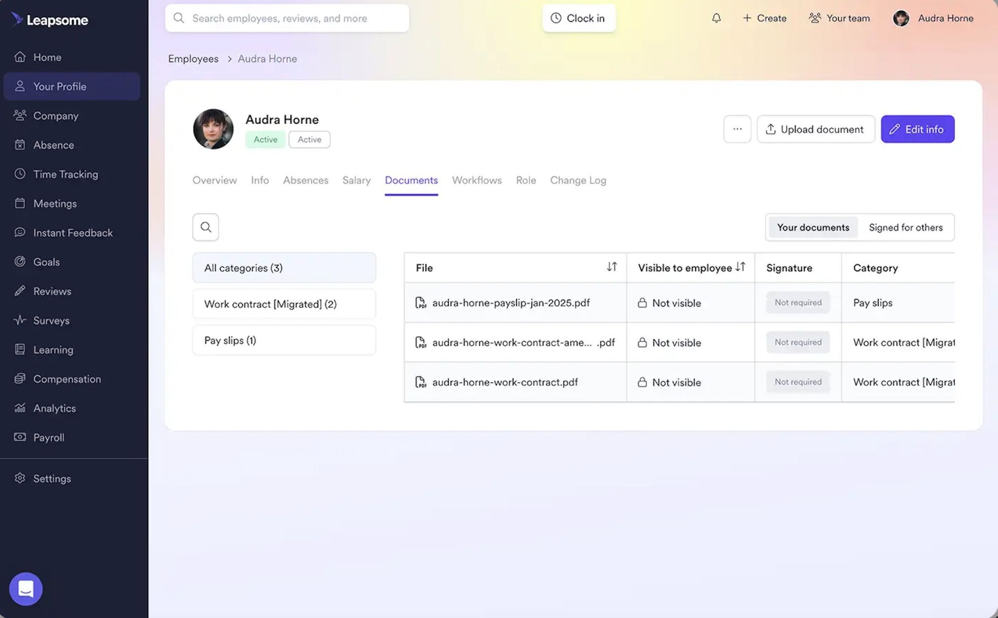 An employee profile dashboard on Leapsome showing a collection of documents.