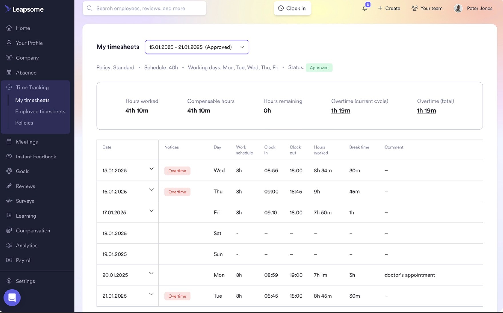 A list of approved timesheets in Leapsome, showing total hours worked, overtime data, and compensable hours.