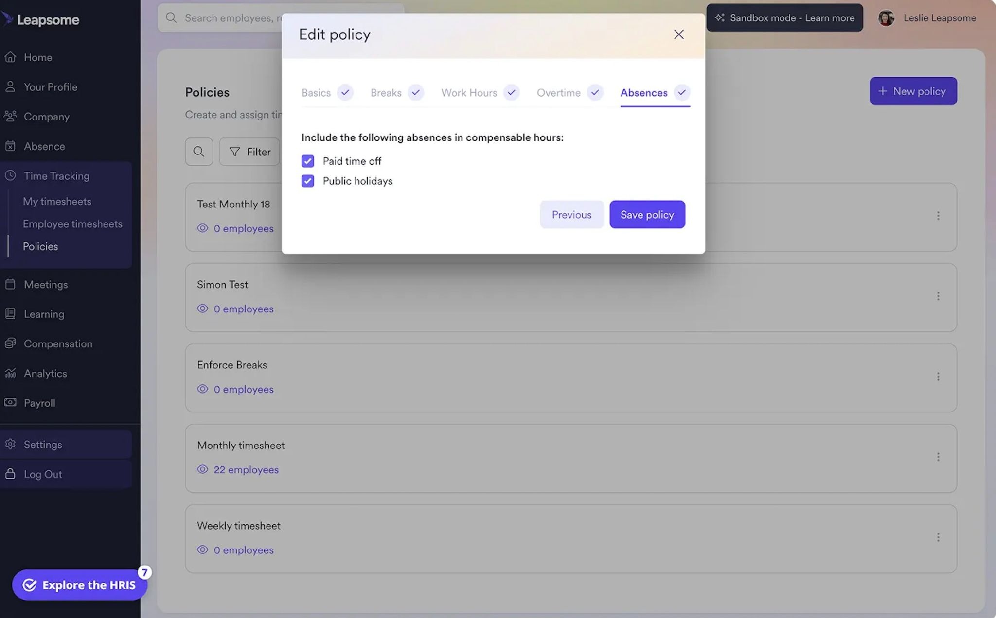 A pop-up screen on Leapsome’s Policies dashboard requesting to edit an absence policy for PTO and public holidays.