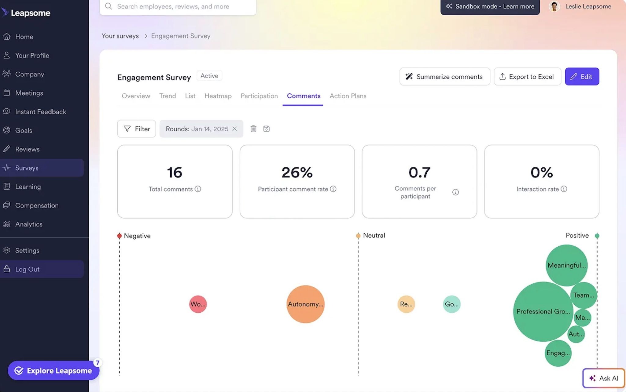 A comments tab on Leapsome’s Engagement Surveys dashboard, with color-coded survey response bubbles on a scale ranging from negative to positive. 