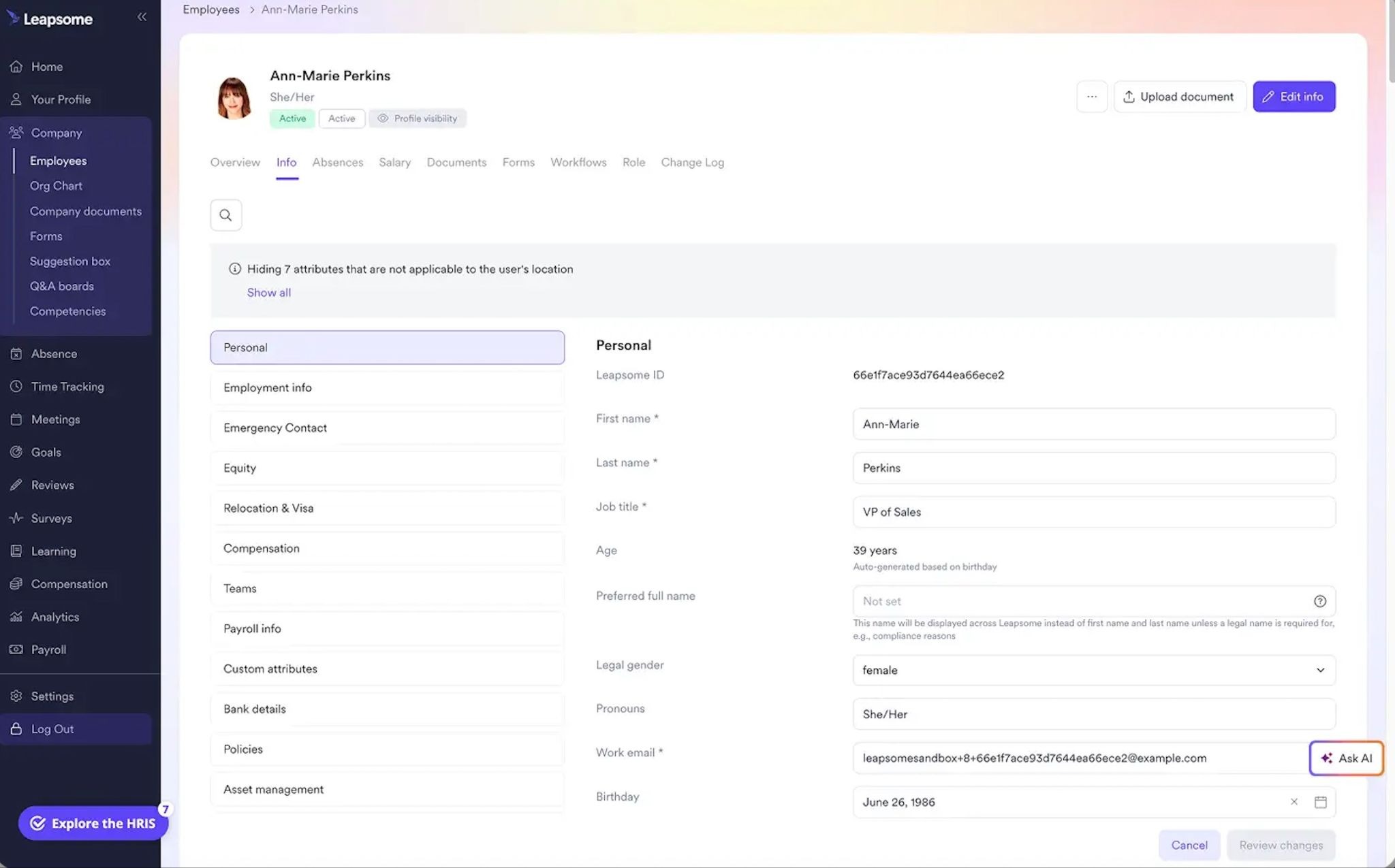 A virtual record in Leapsome, showing personal information about an employee.