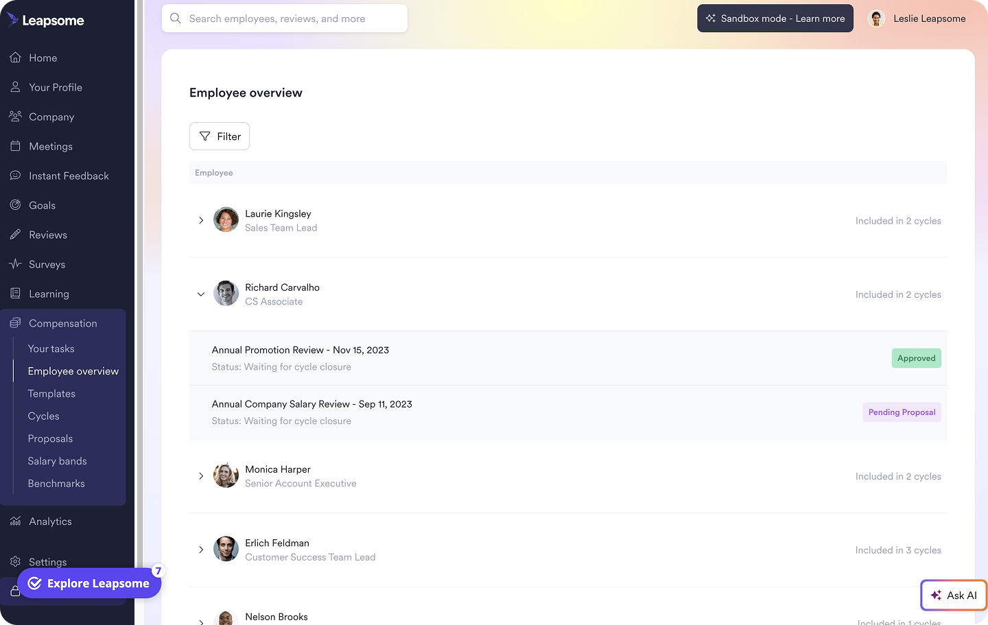 Leapsome’s Compensation dashboard, showing an employee overview.