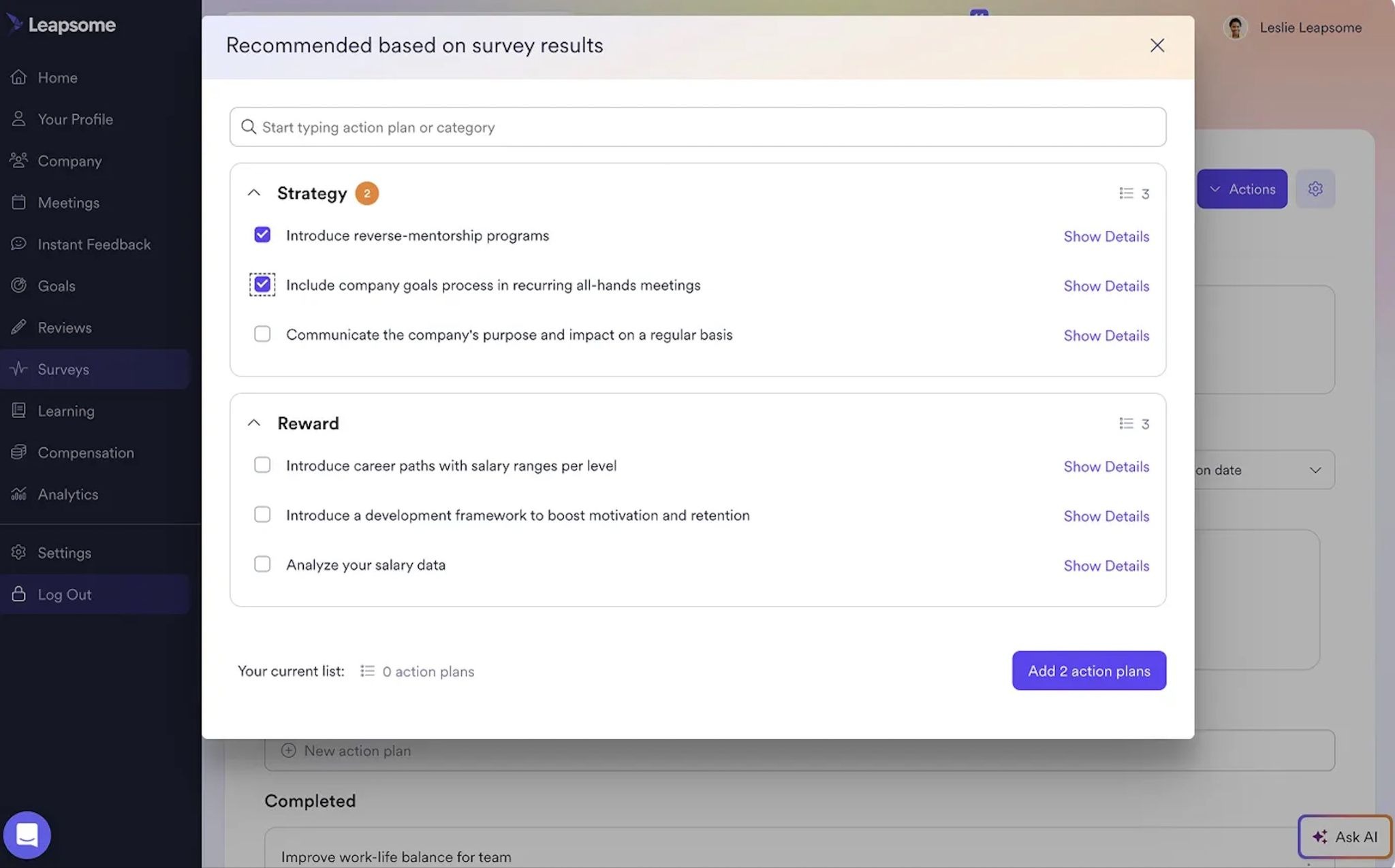 A Leapsome dashboard pop-up recommending strategies and rewards based on an employee’s survey results.