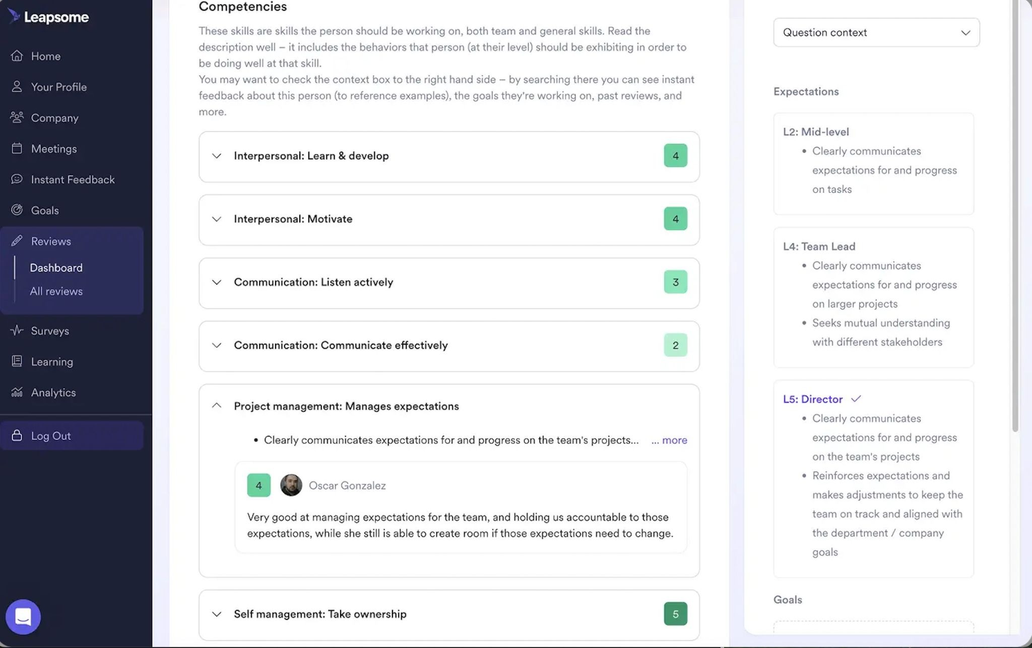 Leapsome’s Performance Reviews dashboard, listing an employee’s competencies and scores.