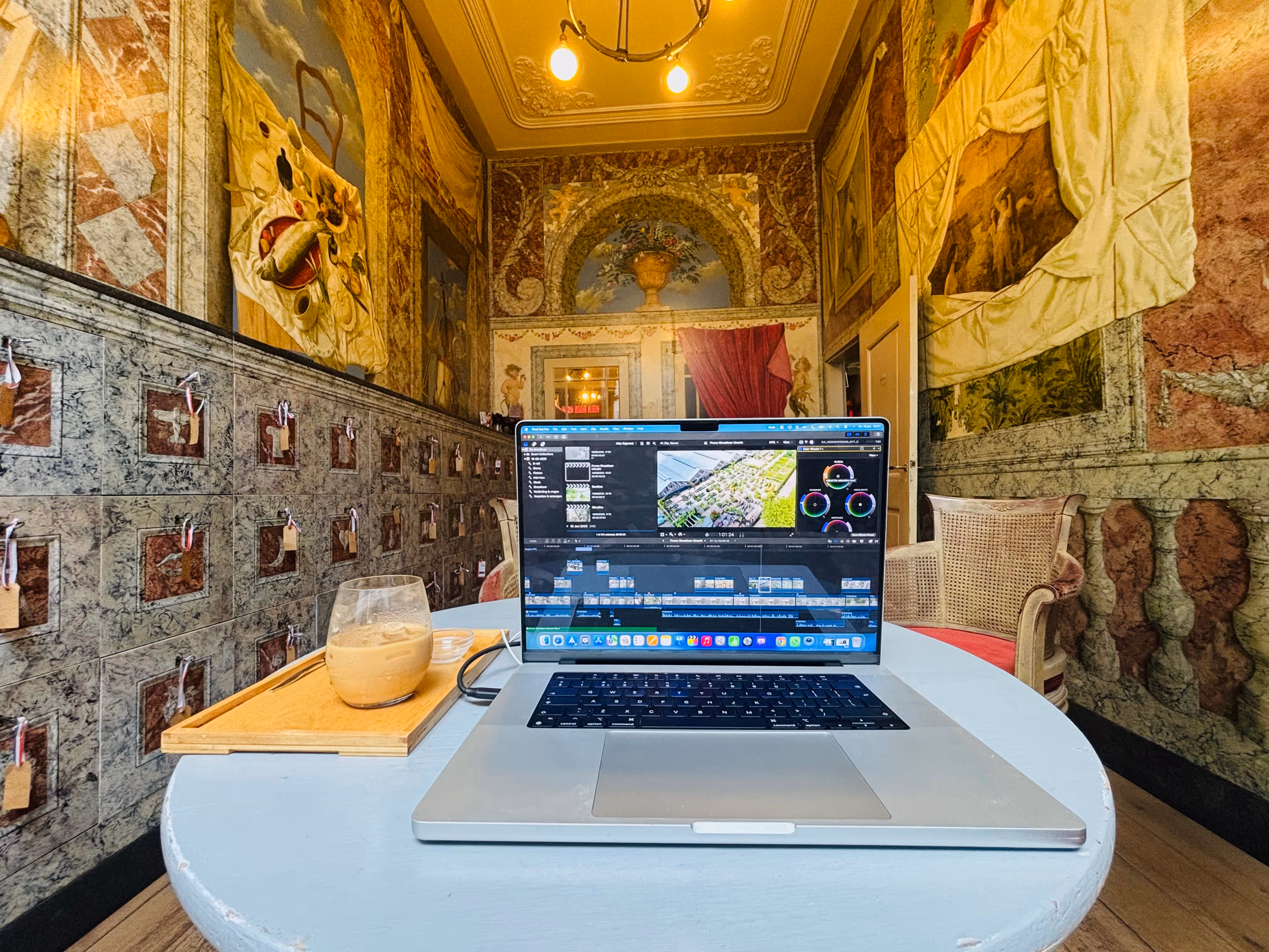 Een MacBook Pro in een kleurrijke kamer met muurschilderingen.