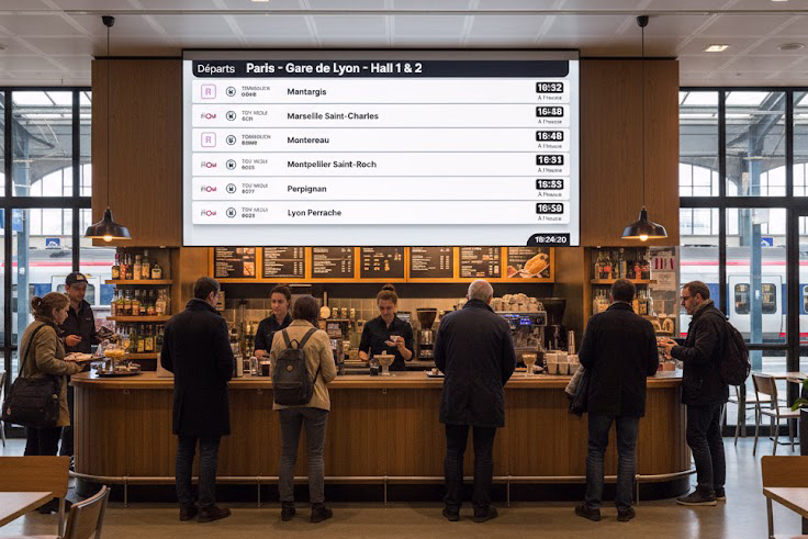 Écran d'affichage dynamique diffusant les horaires de trains SNCF en temps réel