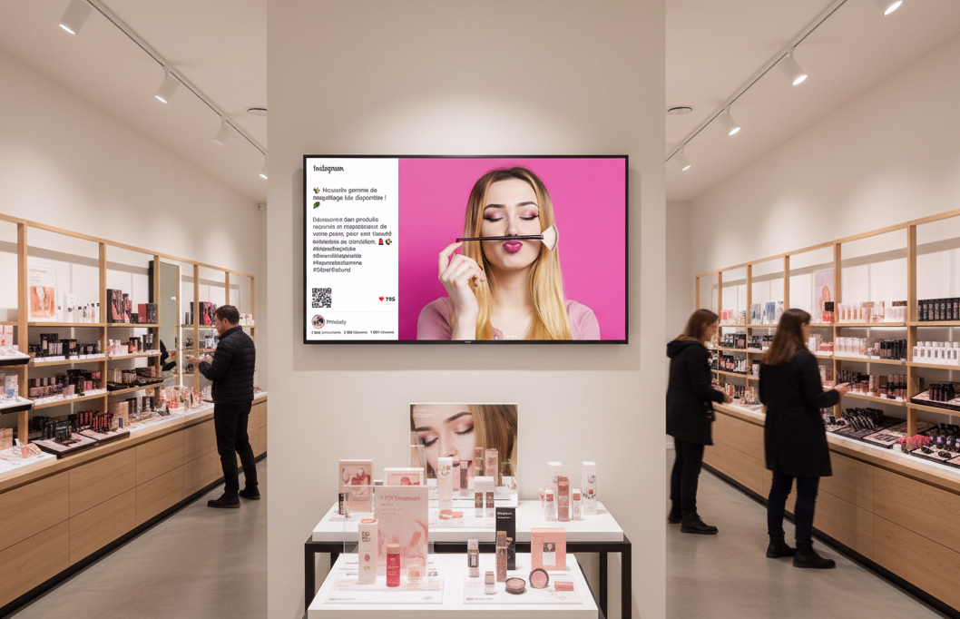 Écran d'affichage dynamique diffusant des publications Instagram avec QR code