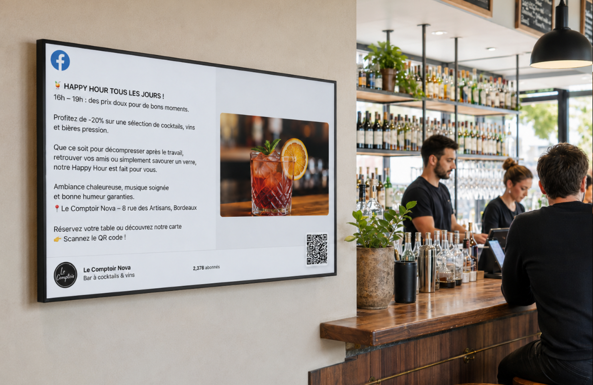 Écran d'affichage dynamique diffusant des publications Facebook avec QR code