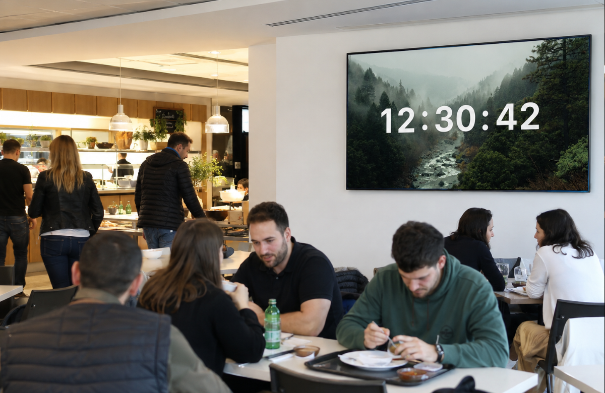 Écran d'affichage dynamique affichant l'heure locale avec un fond personnalisé