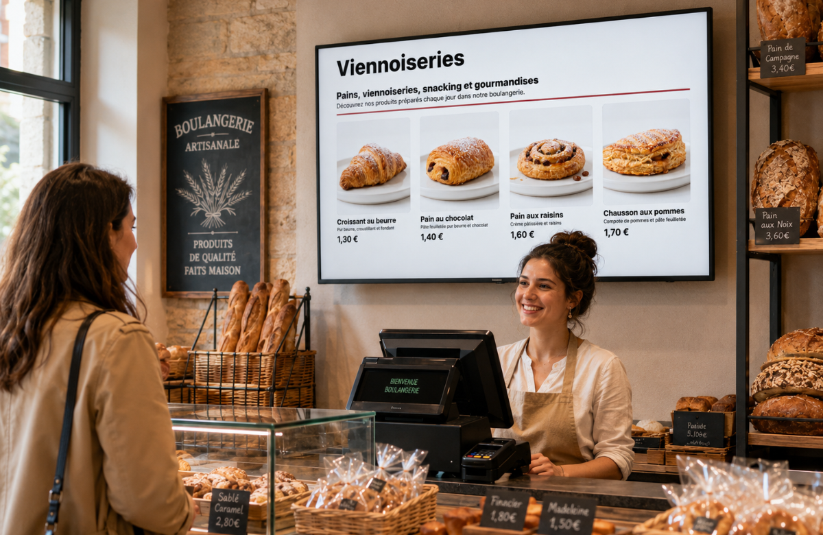 Écran d'affichage dynamique présentant un menu et des tarifs - module ADS