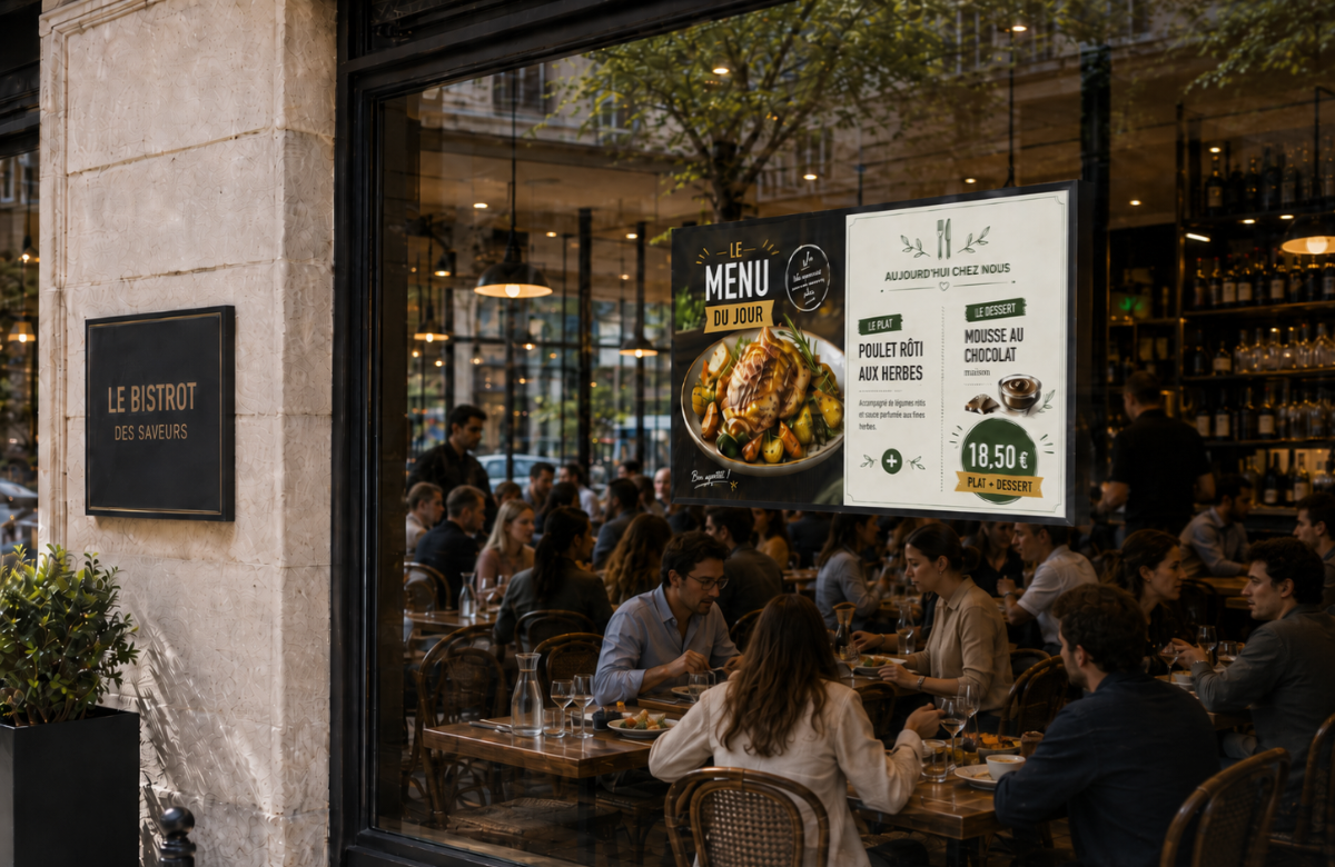 Écran d'affichage dynamique diffusant un design Canva synchronisé automatiquement