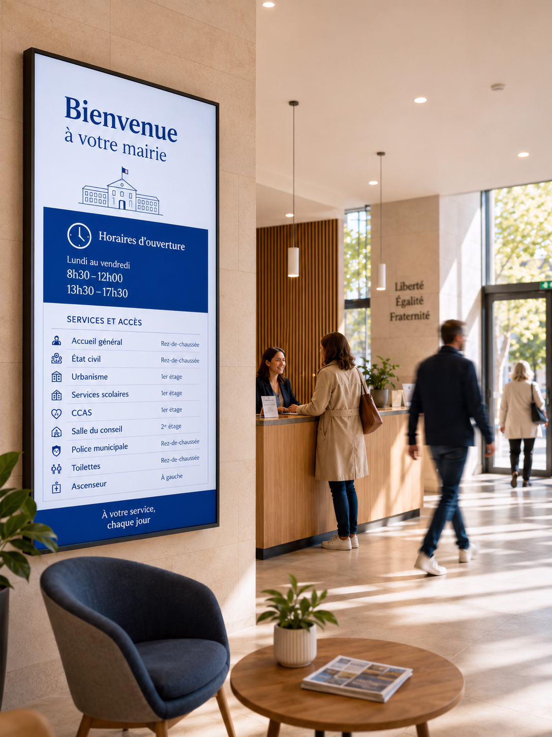 Écran d’affichage dynamique dans le hall d’accueil d’une mairie, présentant les horaires d’ouverture et l’orientation vers les différents services municipaux.