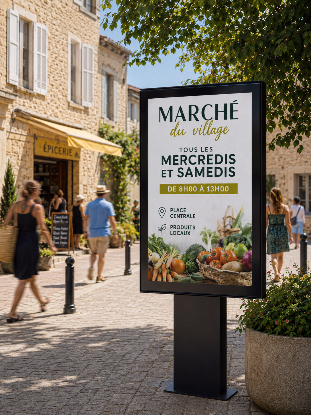 Écran d’affichage dynamique installé dans une rue de village français, présentant les jours et horaires du marché ainsi que des informations pratiques.