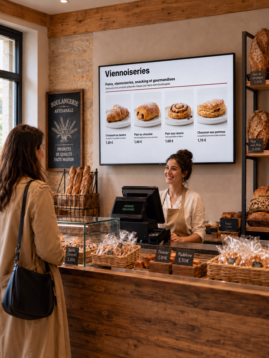 Écran d'affichage dynamique présentant une boulangerie qui présente leur offre vienoiserie.