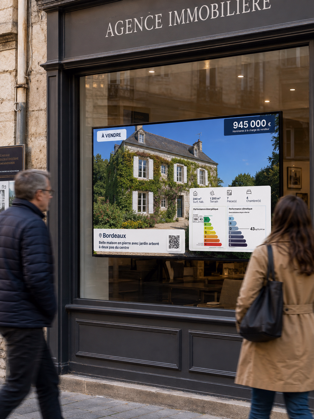 Écran d’affichage dynamique installé dans la vitrine d’une agence immobilière, présentant une maison à vendre à Bordeaux avec prix, caractéristiques du bien, QR code et diagnostics énergétiques, tandis que des passants circulent devant la vitrine.