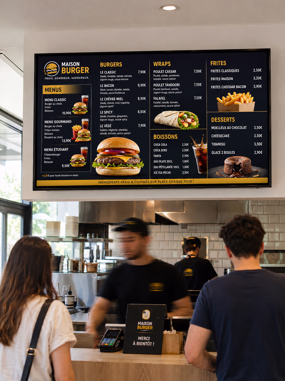 Écran d’affichage dynamique 16:9 installé derrière le comptoir d’un fast-food, diffusant un menu board en français avec burgers, wraps, frites, boissons et desserts. Des clients et employés apparaissent en mouvement dans un environnement lumineux et moderne.
