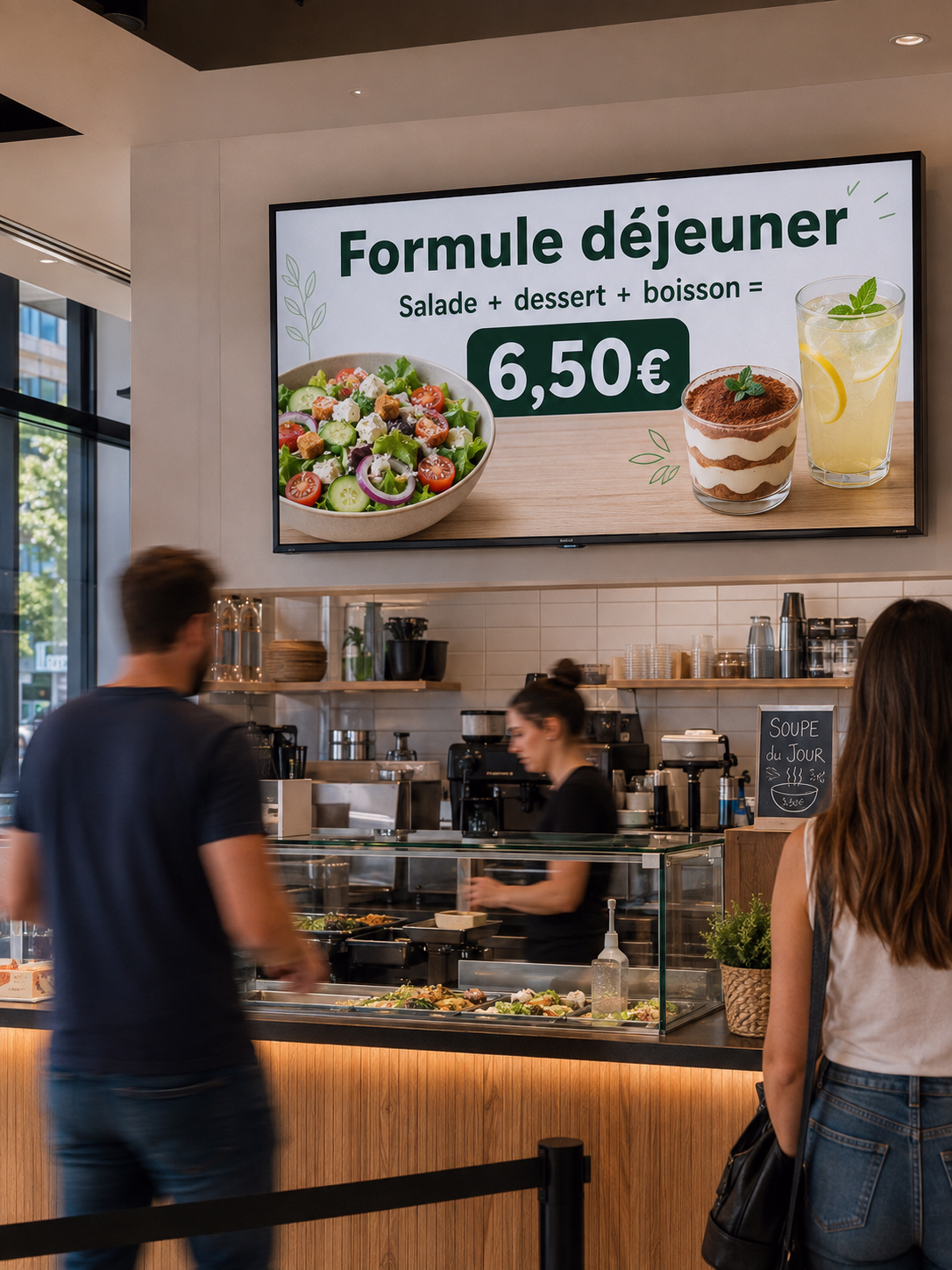 Écran d’affichage dynamique 16:9 installé dans un espace de restauration, présentant une formule déjeuner à 6,50 € avec salade, dessert et boisson. Des clients et employés en mouvement évoluent dans un environnement moderne baigné de lumière naturelle.