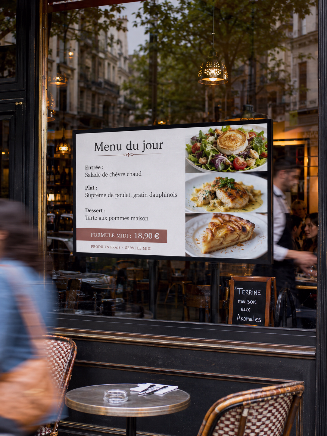 Écran d’affichage dynamique 16:9 installé en vitrine d’un bistrot français, affichant en français le menu du jour avec entrée, plat, dessert et prix de la formule midi. La scène montre une terrasse de café, des passants flous en mouvement et un intérieur chaleureux baigné de lumière naturelle.