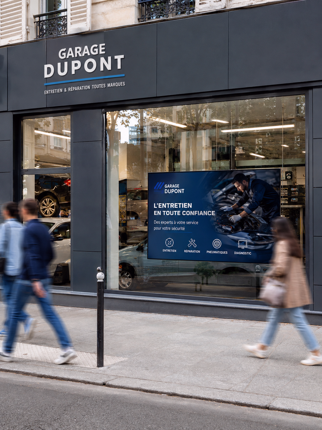 Écran d’affichage dynamique 16:9 installé dans la vitrine d’un garage automobile en ville, diffusant un message sur l’entretien du véhicule, avec des passants en mouvement devant la façade sous une lumière naturelle.