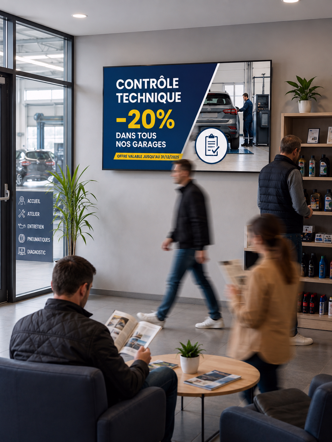 Écran d’affichage dynamique 16:9 dans la salle d’attente d’un garage, diffusant une promotion de -20 % sur le contrôle technique, avec clients et espace produits.