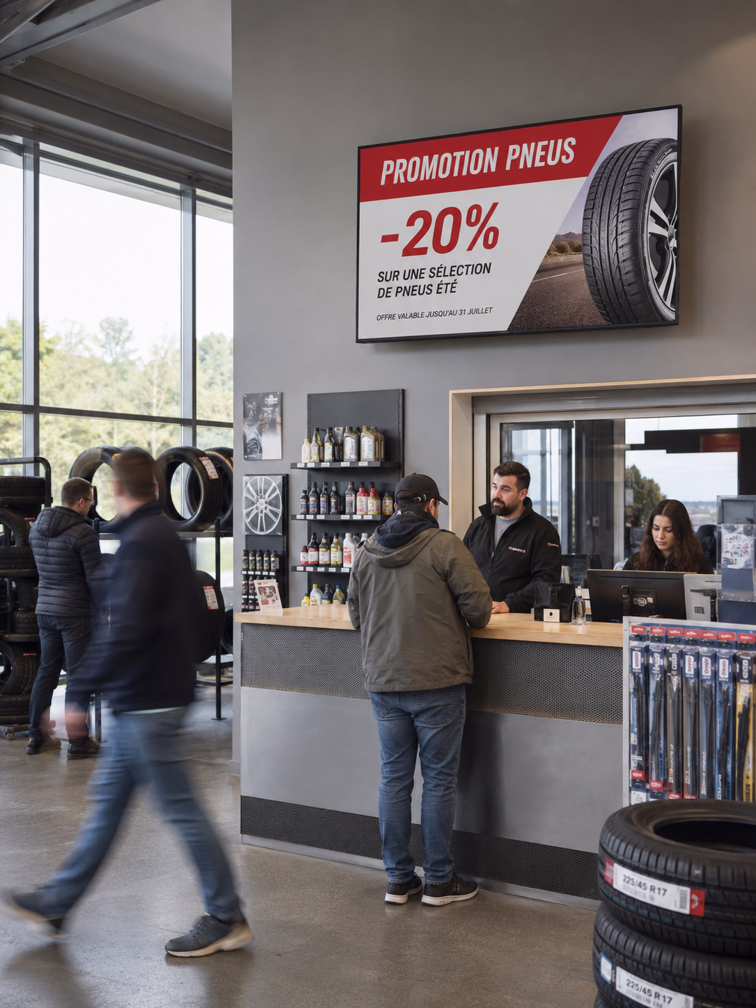 Écran d’affichage dynamique accroché au-dessus du comptoir d’un garage spécialisé dans les pneus, diffusant une promotion de -20 %, dans un espace lumineux avec lumière naturelle, clients en mouvement et présentoirs de produits automobiles.