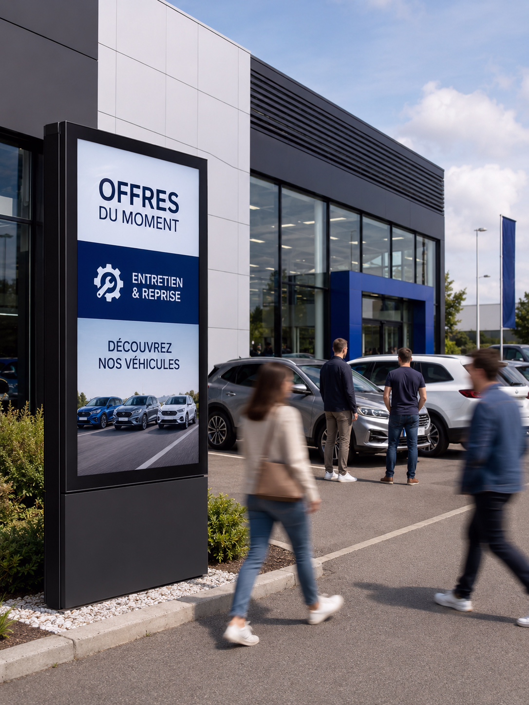 Écran d’affichage dynamique extérieur installé devant un concessionnaire automobile multimarque, diffusant des offres du moment, avec des clients en mouvement, plusieurs véhicules exposés et une ambiance lumineuse en pleine journée.