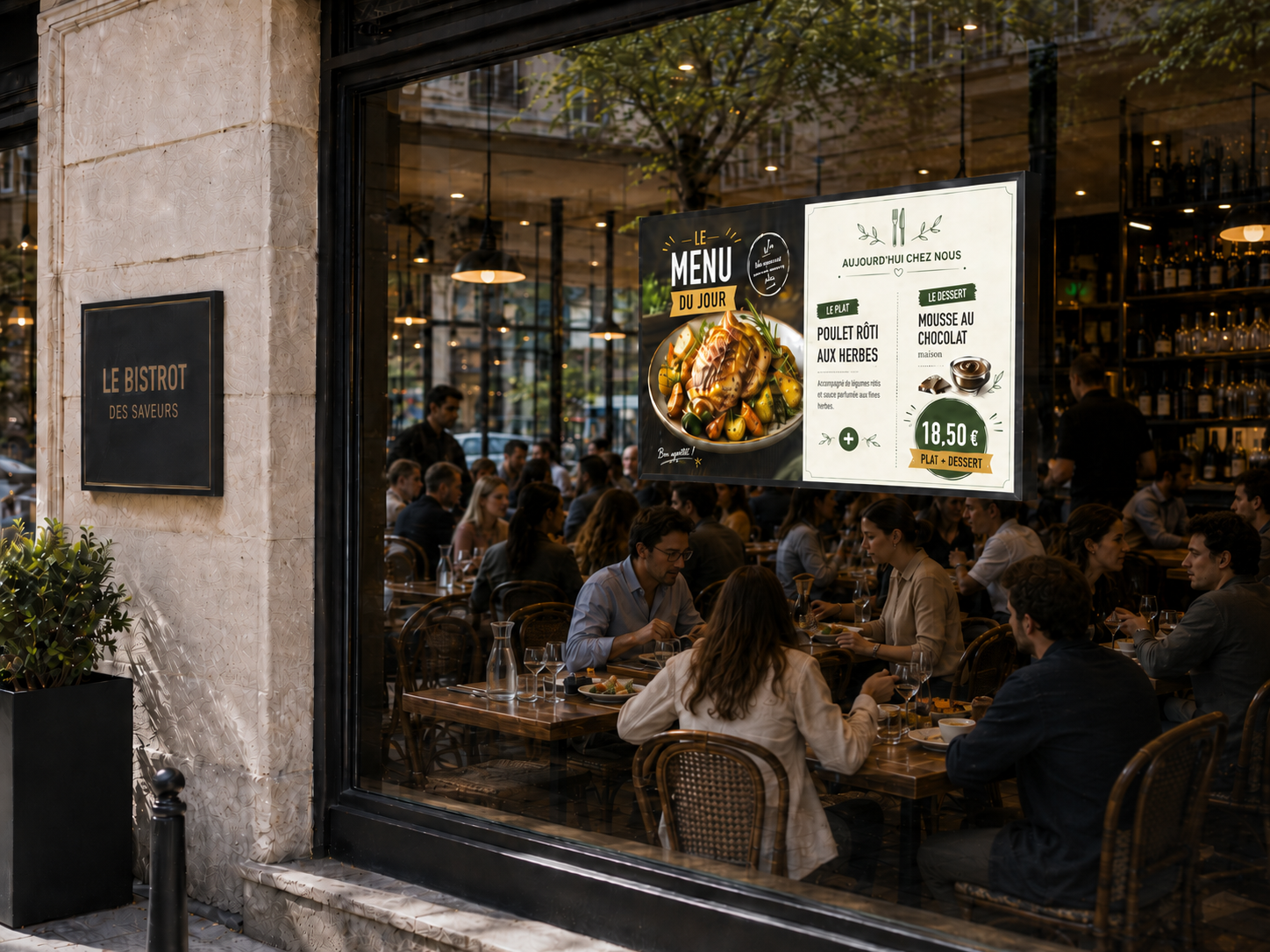 Ecran d'affichage dynamique en vitrine d'un bistrot parisien qui affiche le menu du jour