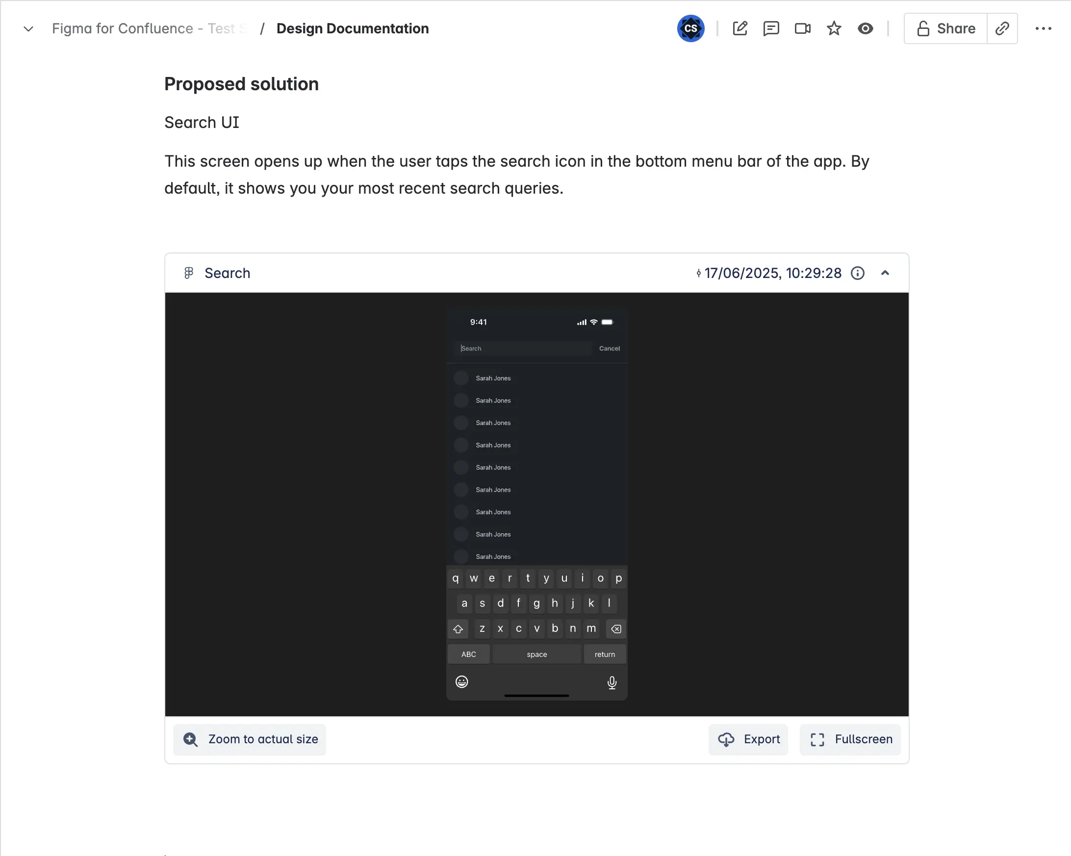 screenshot of a design documentation page in Confluence with a Figma frame embedded