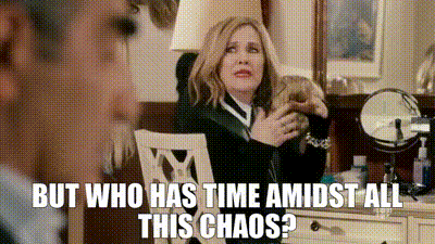 A gif meme saying "But who has time amidst all this chaos?"