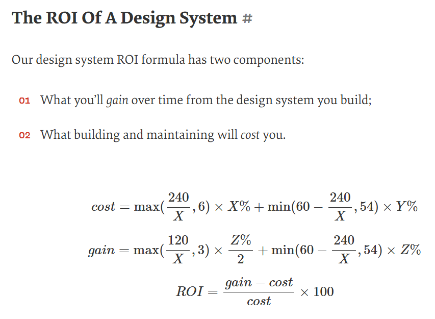 A screenshot of Smashing Magazine's two-component formula for calculating design system ROI