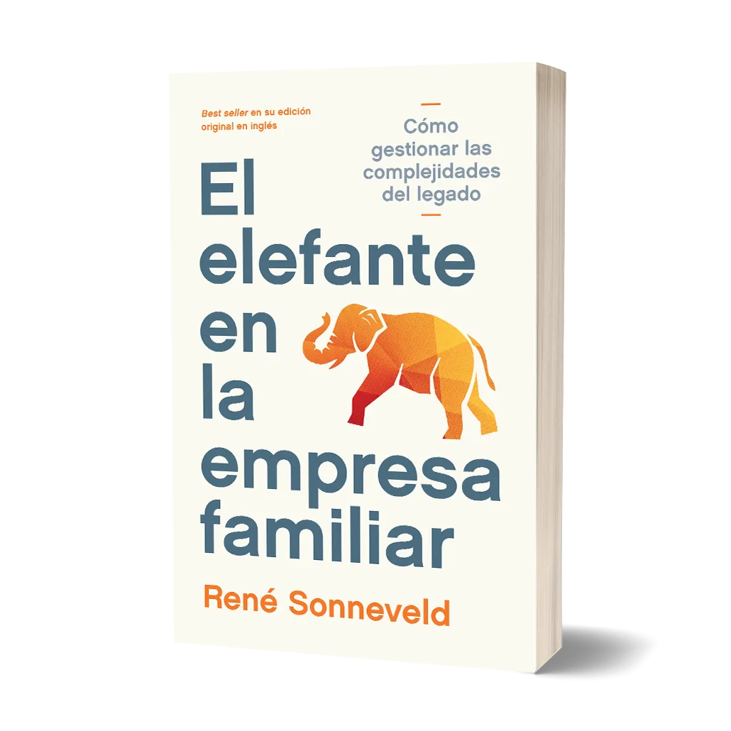 Portada del libro El Elefante en la Empresa Familiar de René Sonneveld, con un elefante geométrico naranja