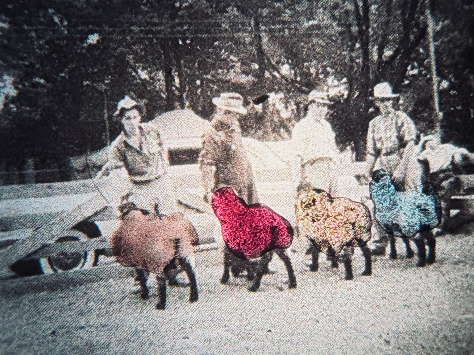 Stylized archival-looking image of people outdoors with several brightly coloured animal-like figures in the foreground.