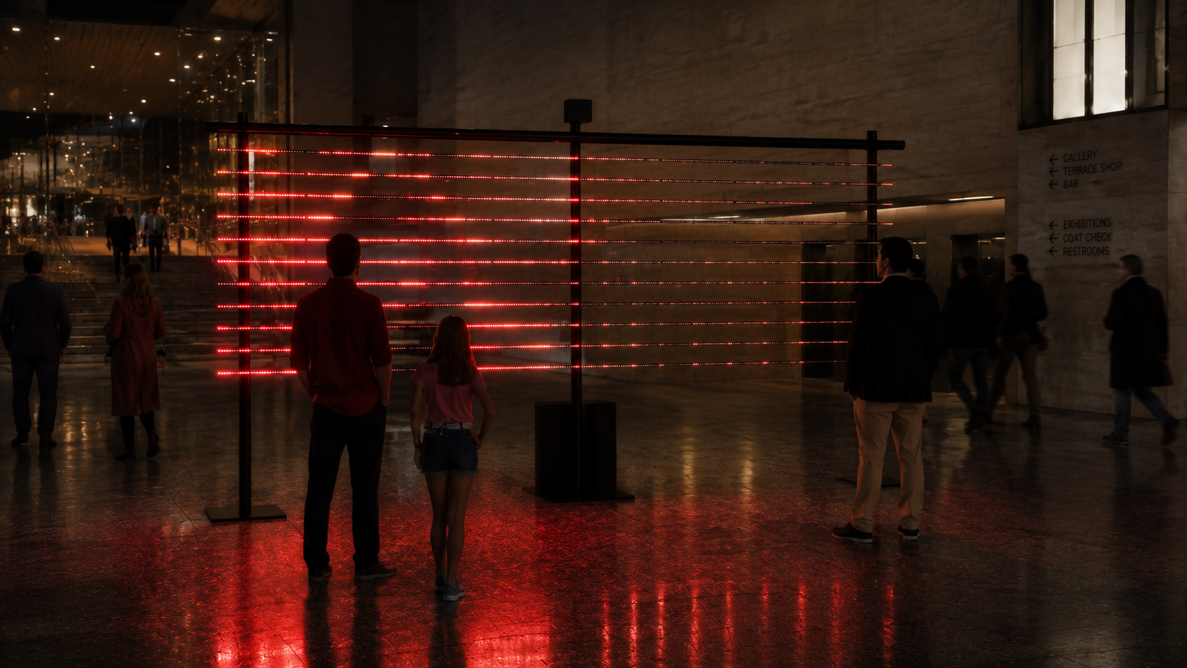 Large installation of horizontal red light strips in a gallery, viewed by several visitors.