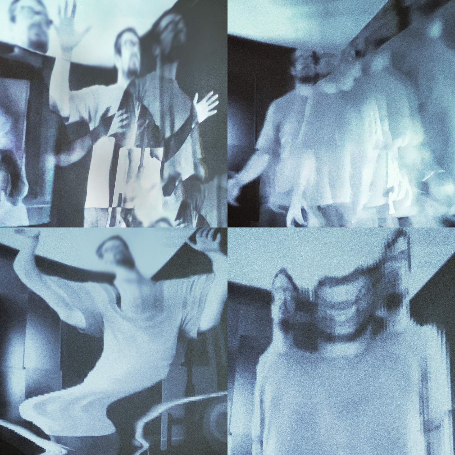 Four-panel blue-toned abstract video image showing distorted and overlapping figures with raised arms.