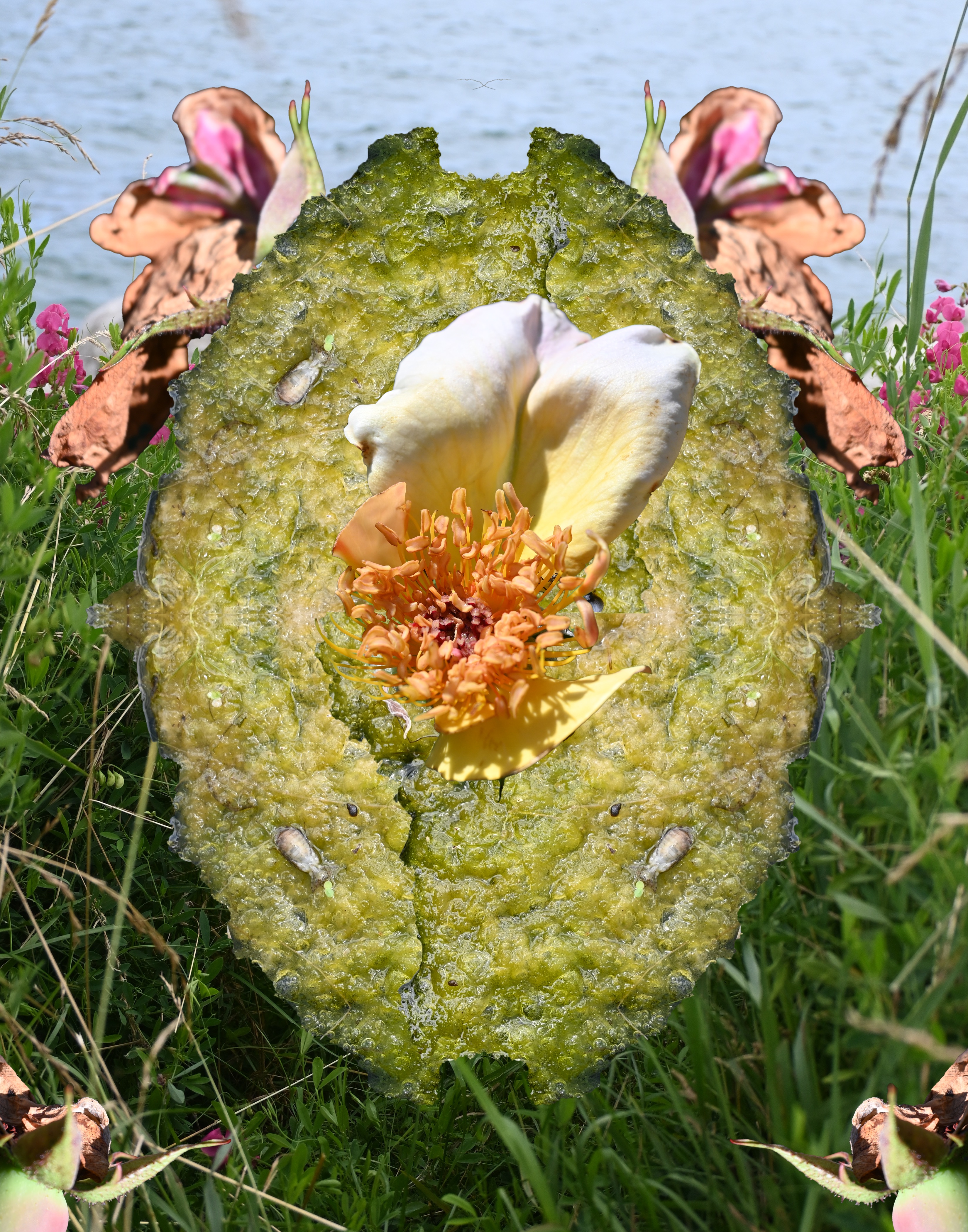 Surreal symmetrical digital collage combining flowers, green organic textures and mirrored natural forms against a grassy waterfront background.