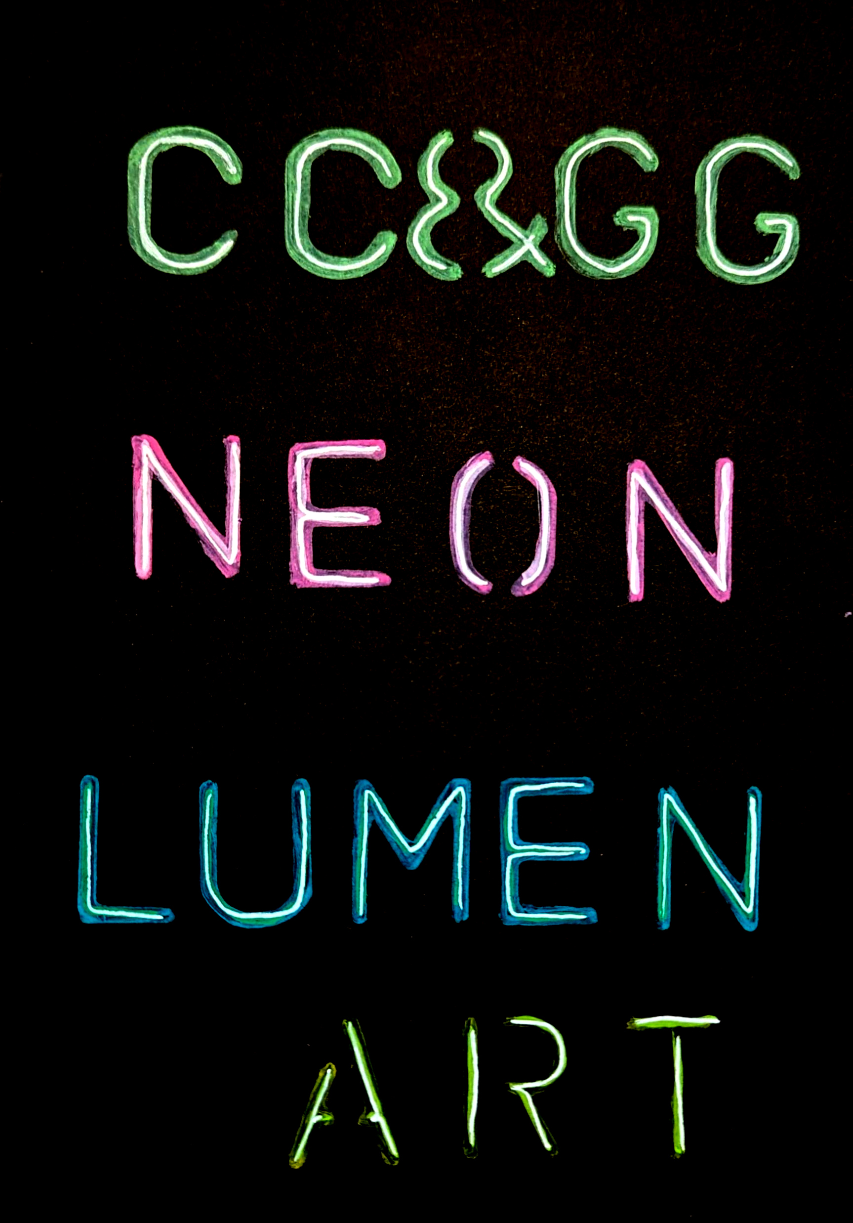 Glowing neon-style words and letters in green, pink, blue and yellow arranged vertically against a black background.