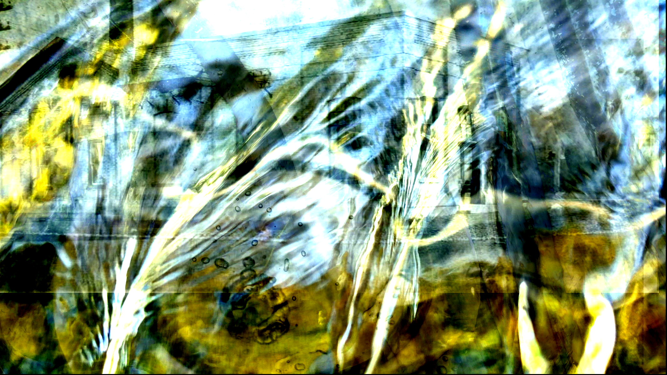 Abstract projected artwork in layered blue, white, yellow and black, creating a fluid, distorted architectural image.