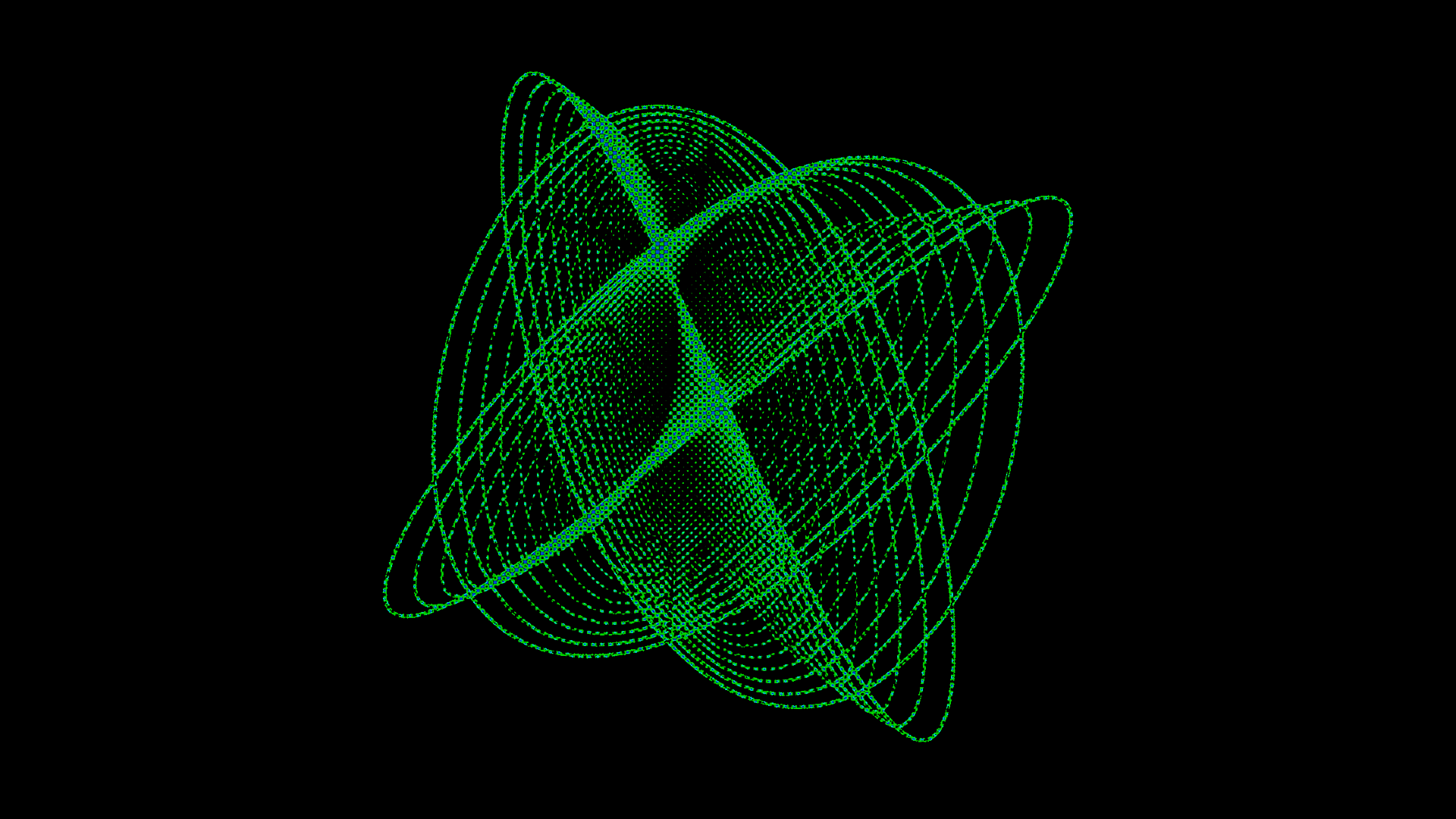 Abstract green wireframe form made of overlapping looping lines against a black background.