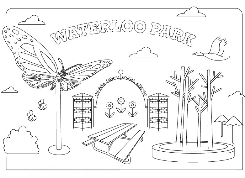 Black-and-white colouring page featuring Waterloo Park, with a large butterfly sculpture, bees, an arched garden entrance with flowers, a picnic table, trees, umbrellas and a flying goose. The words “Waterloo Park” appear across the top.