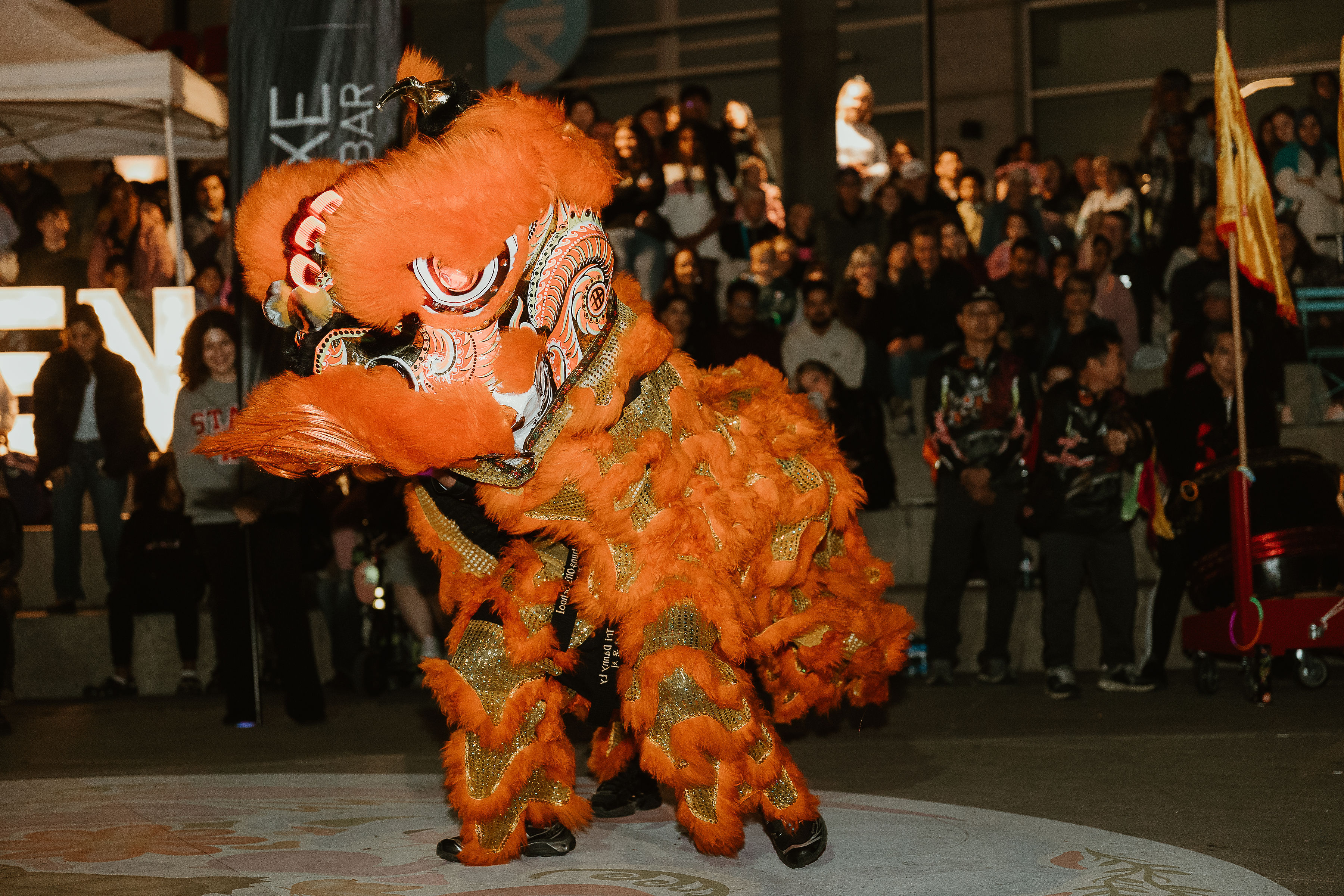 Lion dancers performing for a large outdoor crowd at night, surrounded by illuminated public art and buildings.